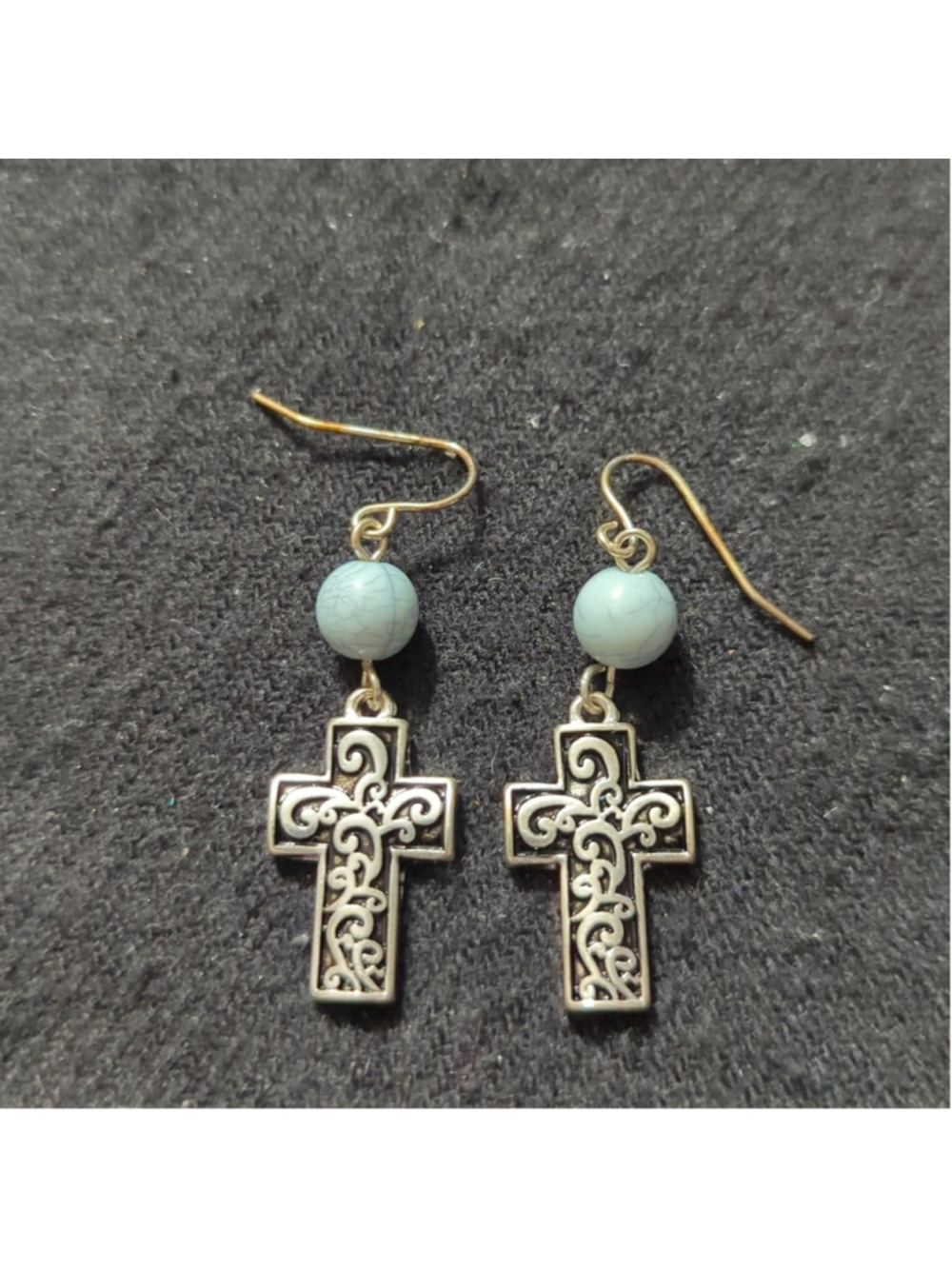 Silver Tone Pastel Light Blue Beaded Cross Crucifix Dangle Statement Earrings